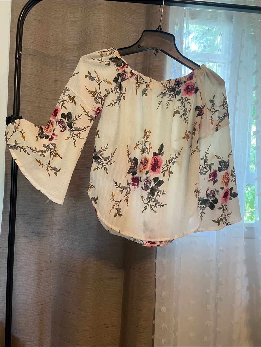 Off-Shoulder Floral Bell Sleeve Blouse - White with Pink Floral